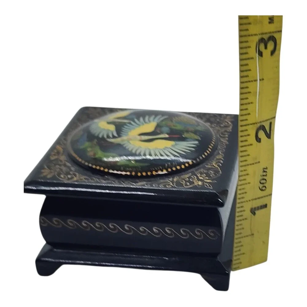 Vintage Russian Black Lacquer Trinket Box Birds Hand Painted Cranes Gold Leaf